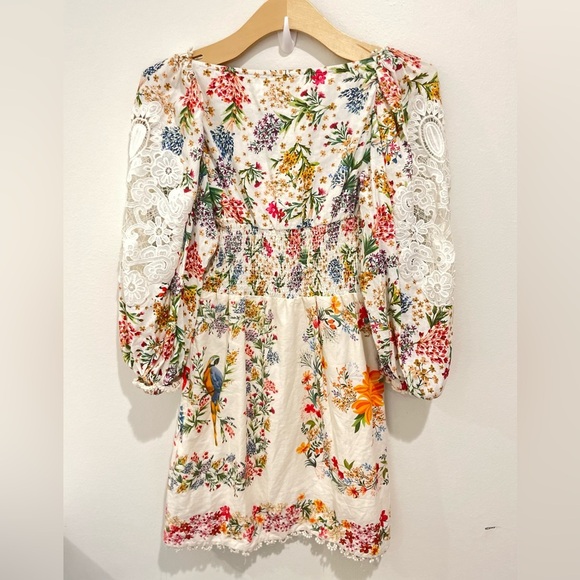 FARM RIO Floral Mini Dress Lace Inset Boho Size XS Cream Linen Blend - Picture 7 of 12